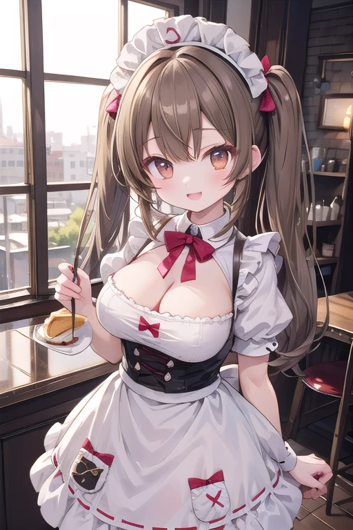 Solo Girl, ,, Twin tail hair, Light brown hair, Brown eyes, Center of chest, Highest quality, High resolution, Very detailed, Detailed Background, Perfect lighting、Inside the maid café、Are standing,Holding an omelet,Put on the table,Cute maid outfit、very cute,Large Breasts,Cute eyes,Puffy eyes,smile,