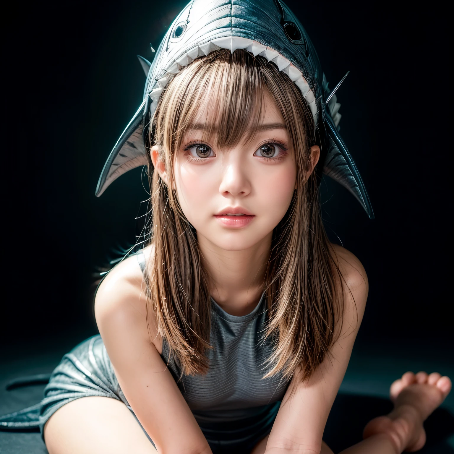  ((Skinny Shark BodySuit, (Stuffed shark head hat)with White Teeth)), 8k, High-level, absurd, masterpiece, best quality, primitive, very detailed CG, very detailed wallpaper, perfect lighting, Extremely detailed ((( personifying " Shark" as a  Girl))), MysticSight, Tyndall effect, Tyndall scattering, (Studio gray background with (Overflowing oodles Dazzling RainbowColorParticles (BokeH))), (Blood Red short hair, RoundlyButts, Leg Fins installed), (Exposed:0.4), (Assfocus with looking ahead) BREAK  (Acutance:0.88), (NOGIZAKA face variations) Extremely Detailed very KAWAII face variations, perfect anatomy, Childish, CaptivatingGaze ElaboratePupils detailed Eyes with (sparkling highlights:1.28), (Voluminous LongEyelashes:0.88)、GlossyRED Lips with beautiful details, RosyCheeks, Radiant PearlSkin with Transparency . { (Dynamic LifeLike expressions:1.4) | (:d) }, (large eyes:-1) . ((animal ears:-1.2))