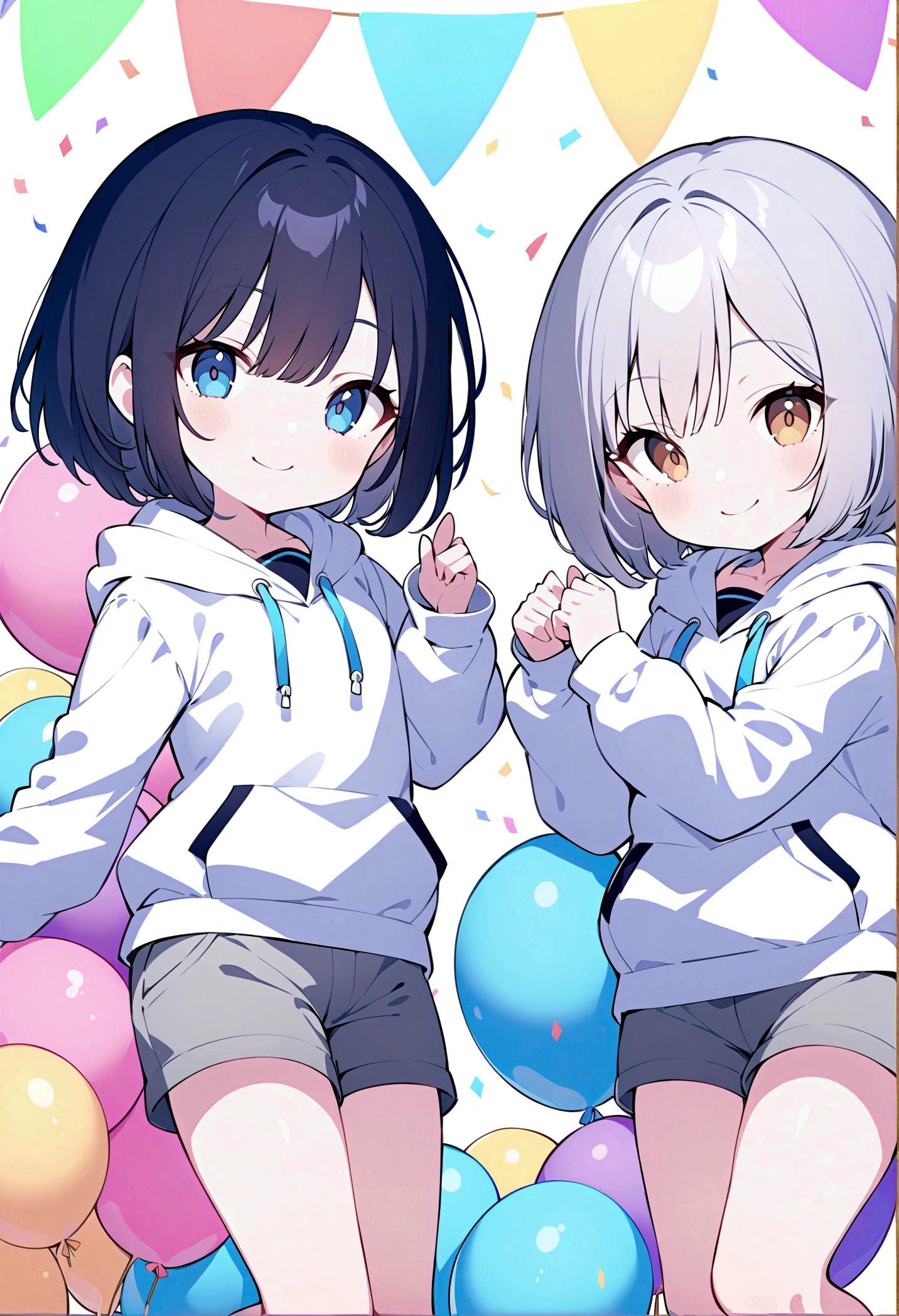 Girl,Silver Bob,blue eyes,birthday,whole body,White hoodie,Grey shorts,smile,older sister,Long black hair brown eyes,uniform,2 people