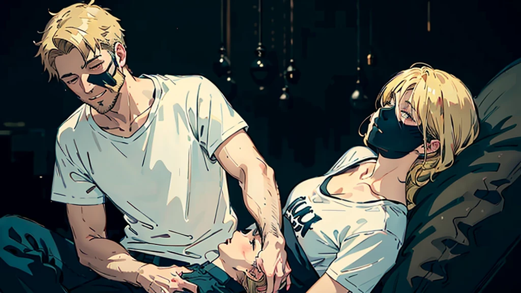 ((best quality)), ((masterpiece)), (detailed), 1 blond girl in white t-shirt lay with her head on lap of old muscle beard guy, happy atmosphere, dark background