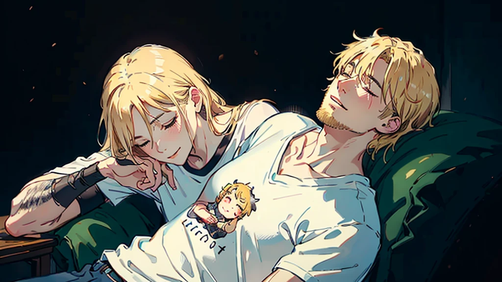 ((best quality)), ((masterpiece)), (detailed), 1 blond girl in white t-shirt lay with her head on lap of old muscle beard guy, happy atmosphere, dark background