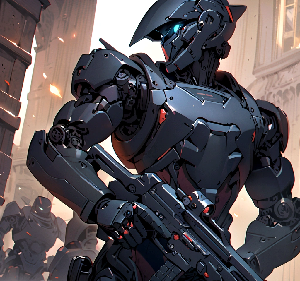 Black robot holding a gun