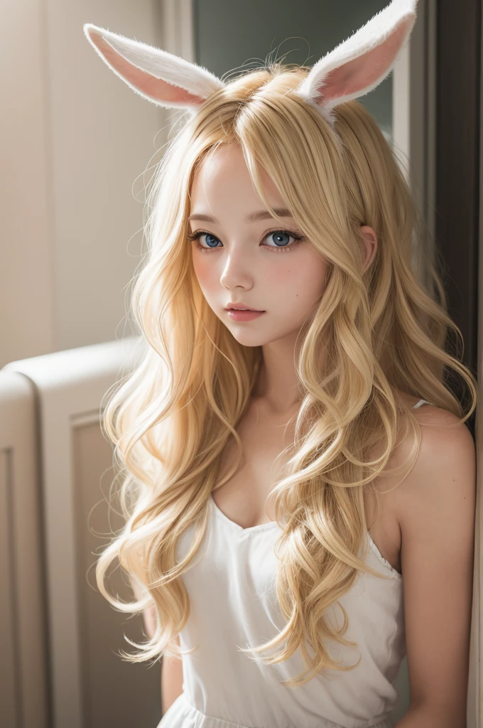 A bunny with blonde, wavy hair 