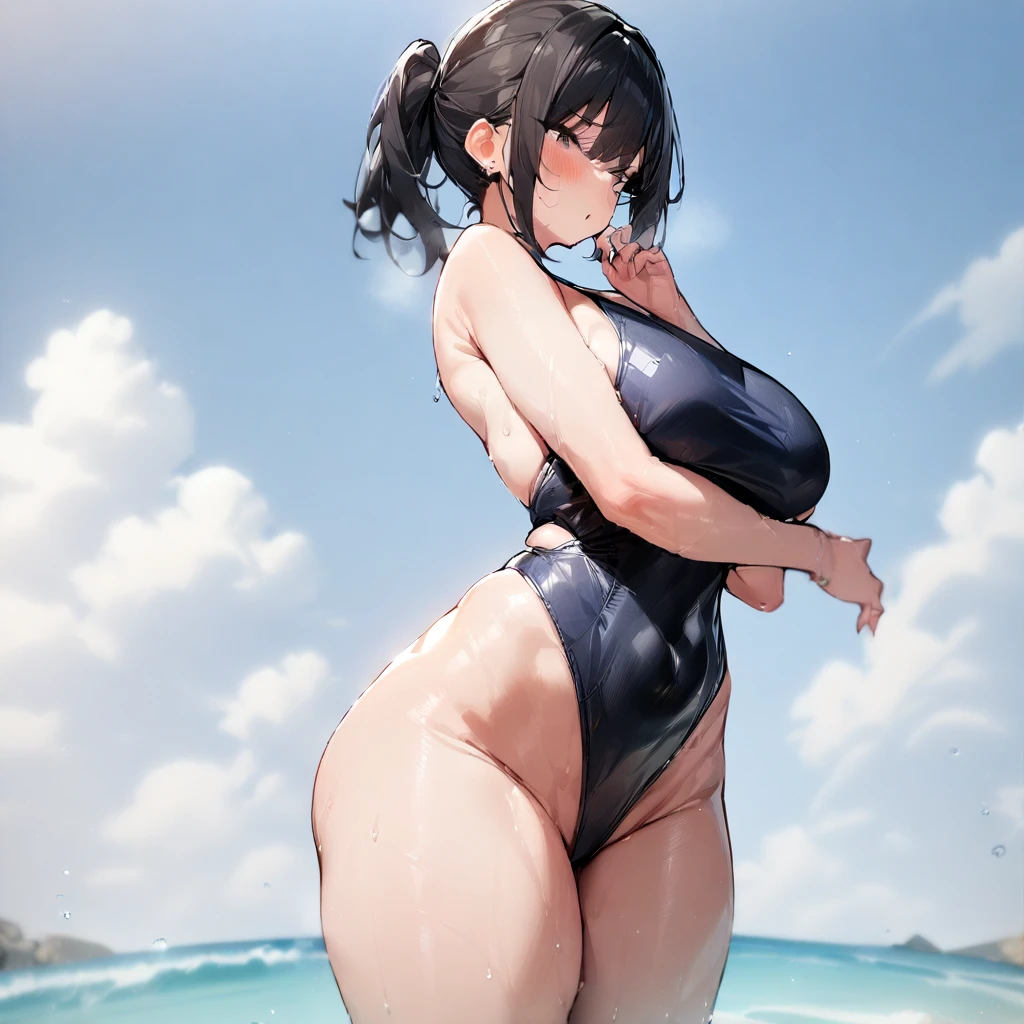 1 girl,Solo,(highleg_one-piece_swimsuit),black hair,Curvy masterpiece, best quality, very aesthetic, absurdres masterpiece, best quality, very aesthetic, absurdres masterpiece, best quality, very aesthetic, absurdres,cowboy shot