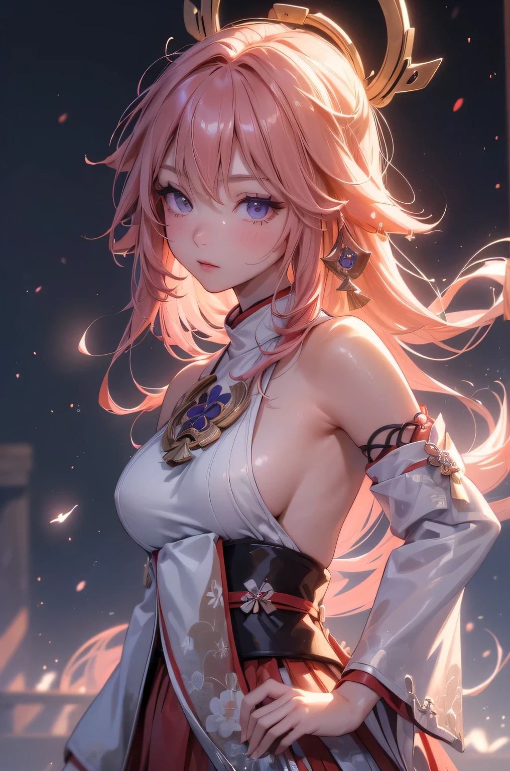 ((yaemikodef)):1.5, ((masterpiece,Highest quality,Highly detailed images,Beautiful images、Dutch Angle)), (Before the Lightning、Close-up image of yaemiko、Overall dim lighting、Backlight、Strong backlighting、Fantastic dark atmosphere、Thick Fog、Dust flutters),(Dynamic pose)1.2, sideboob
