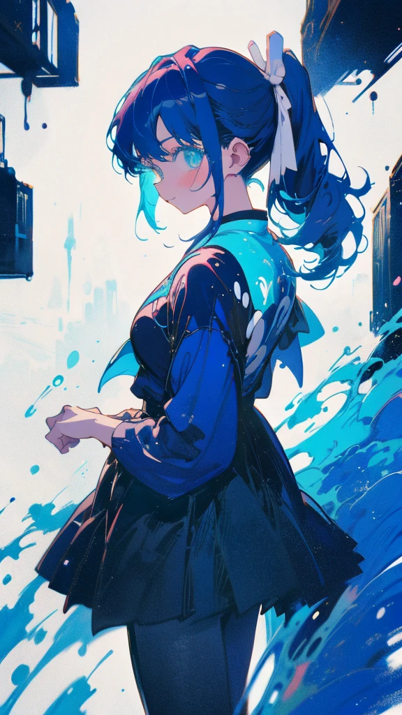 Blue-haired side ponytail,Design clothing,Seven-doppelganger shot,Anime style 4K,Anime girl with teal hair,High quality anime art style,Standing painting,Splash ink background,Blue Themes、Pure white background,Buildings