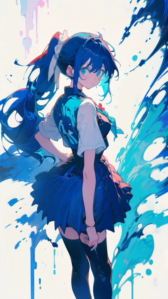 Blue-haired side ponytail,Design clothing,Seven-doppelganger shot,Anime style 4K,Anime girl with teal hair,High quality anime art style,Standing painting,Splash ink background,Blue Themes、Pure white background,Buildings