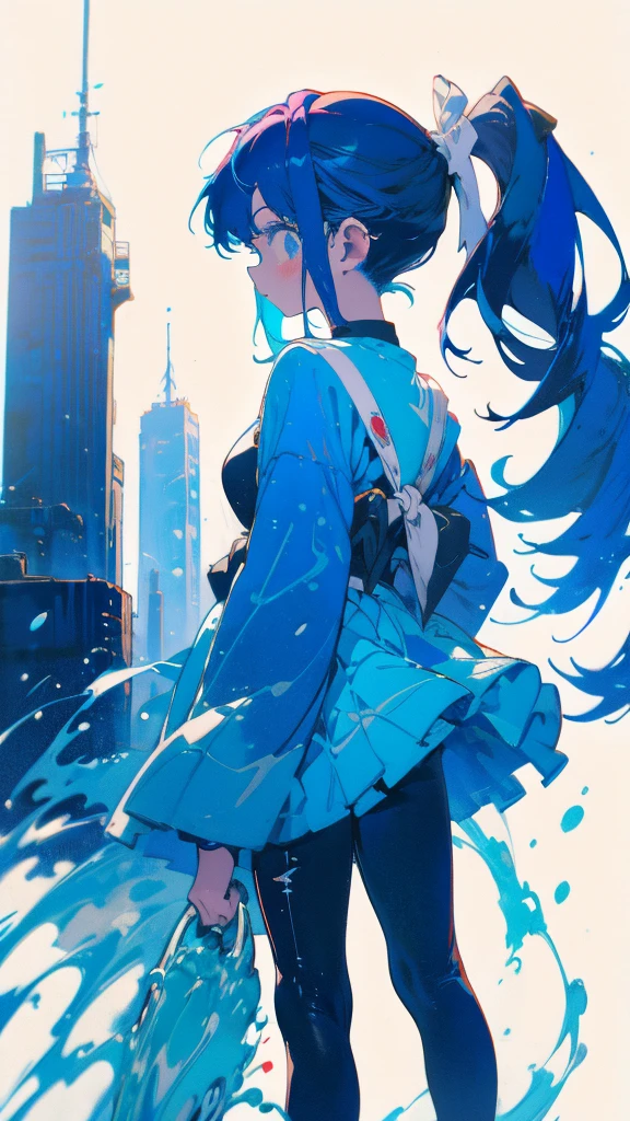 Blue-haired side ponytail,Design clothing,Seven-doppelganger shot,Anime style 4K,Anime girl with teal hair,High quality anime art style,Standing painting,Splash ink background,Blue Themes、Pure white background,Buildings