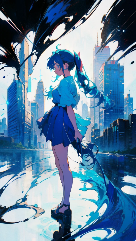 Blue-haired side ponytail,Design clothing,Seven-doppelganger shot,Anime style 4K,Anime girl with teal hair,High quality anime art style,Standing painting,Splash ink background,Blue Themes、Pure white background,Buildings