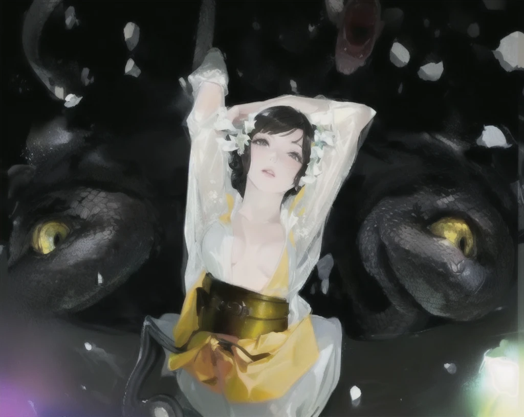 A half-naked woman lies on her back on a giant snake in a swamp、It's upside down