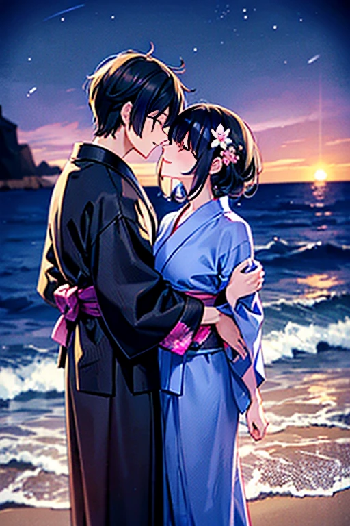 View of a beach with a body of water under the stars,Meteor-like path,浴衣を着た大人のmalefemaleのカップル,laughing,Gazing at each other,Kiss each other,romantic,Two people making love in a beautiful place,Tanabata,I can see the silhouette,Black Hair_male,Black yukata_male,Dark Chestnut Hair_female,Pale pink yukata_female,Floral Yukata_female,Flower Hair Ornaments_female,Shadow,Beautiful views,Dark Night,Midnight,星空の下のmalefemale