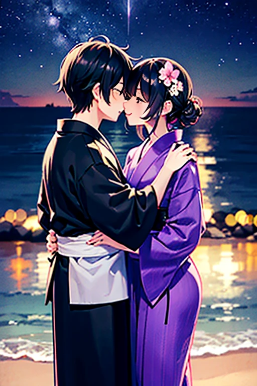 View of a beach with a body of water under the stars,Meteor-like path,浴衣を着た大人のmalefemaleのカップル,laughing,Gazing at each other,Kiss each other,romantic,Two people making love in a beautiful place,Tanabata,I can see the silhouette,Black Hair_male,Black yukata_male,Dark Chestnut Hair_female,Pale pink yukata_female,Floral Yukata_female,Flower Hair Ornaments_female,Shadow,Beautiful views,Dark Night,Midnight,星空の下のmalefemale