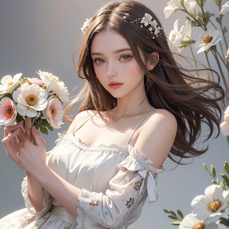 watercolor, airbrush white woman with tousled shoulder-length brown hair, with a white ribbon in her hair in a silk dress with a print of delicate anemones with a bouquet of delicate anemones in her hands, free pose, dark background