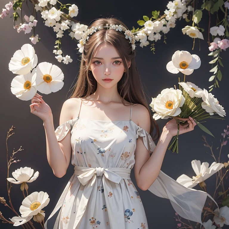 watercolor, airbrush white woman with tousled shoulder-length brown hair, with a white ribbon in her hair in a silk dress with a print of delicate anemones with a bouquet of delicate anemones in her hands, free pose, dark background