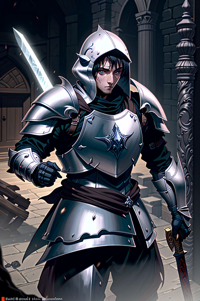 a man in armor holding a sword and a shield, pale black armor, berserk knight black armor, black soul armor concept, knight of dark souls, knight of dark souls,  evil knight, in monster hunter armor, with Robert Pattinson&#39;s face wearing antique knight armor, similar to Marvel&#39;s Black Knight, very strong, Marvel Hero style, 8K, best qualityer, appearing full body in the image, walking in the castle in England.