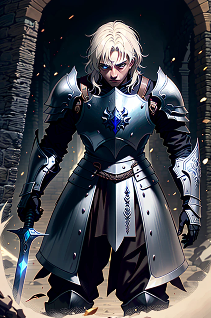 a man in armor holding a sword and a shield, pale black armor, berserk knight black armor, black soul armor concept, knight of dark souls, knight of dark souls, evil knight, in monster hunter armor, with Robert Pattinson's face wearing antique knight armor, similar to Marvel's Black Knight, very strong, Marvel Hero style, 8K, best qualityer, appearing full body in the image, walking in the castle in England.