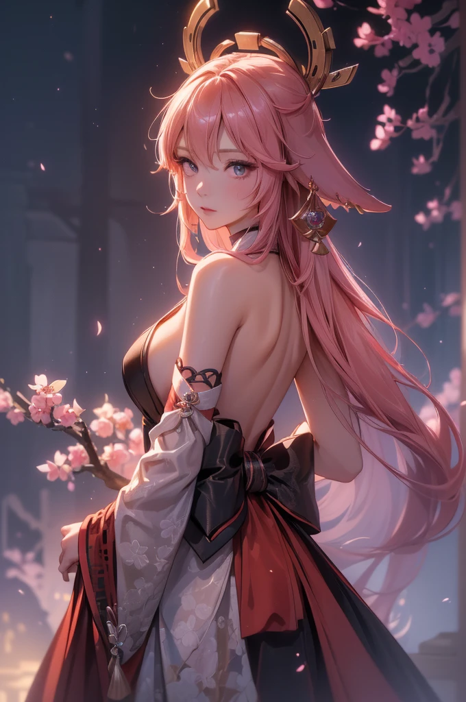 ((yaemikodef)):1.5, ((masterpiece,Highest quality,Highly detailed images,Beautiful images、Dutch Angle)), (In front of the cherry tree、Close-up image of yaemiko、Overall dim lighting、Backlight、Strong backlighting、Fantastic dark atmosphere、Thick Fog、Dust flutters),(Dynamic pose)1.2, sideboob

