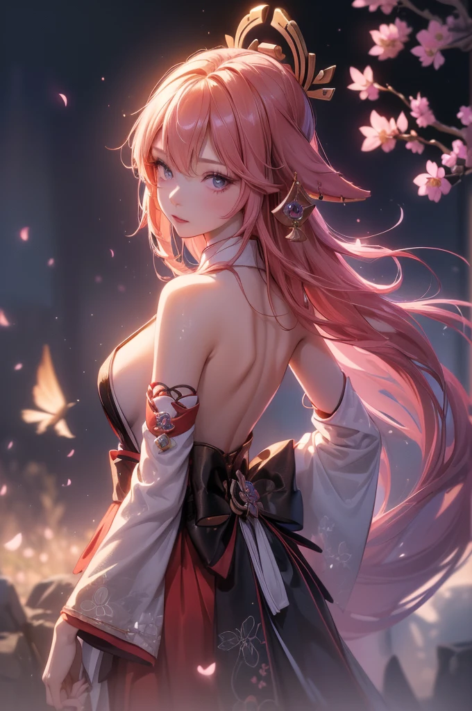 ((yaemikodef)):1.5, ((masterpiece,Highest quality,Highly detailed images,Beautiful images、Dutch Angle)), (In front of the cherry tree、Close-up image of yaemiko、Overall dim lighting、Backlight、Strong backlighting、Fantastic dark atmosphere、Thick Fog、Dust flutters),(Dynamic pose)1.2, sideboob
