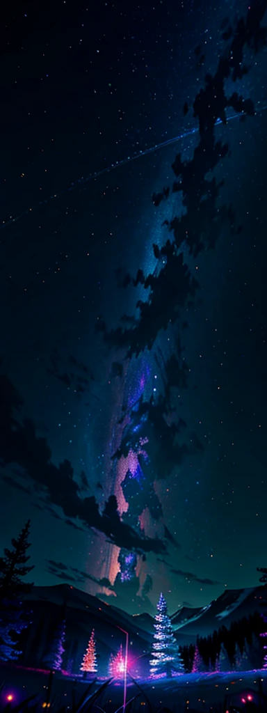 Vast landscape photography,(View from below。I can see the sky and the wilderness below.),I stood in a flower field and looked up,(full moon:1.2),(meteor:0.9),(Star Cloud:1.3),Fir Mountain,Treebreak Production Art,(Warm light source:1.2),(Glow worms:1.2),The lamp lights up,Purple and Orange,Intricate details,Volumetric Lighting Break(masterpiece:1.2), (Highest quality),4K,Very delicate,(moving composition:1.4),Extremely detailed and colorful(Iridescent colors:1.2),(Sparkling Lights,Atmospheric lighting),(Obvious layered art:1.2),(Striking light and shadow effects:1.2), (Optical Particle Tracing),(Unreal 5),dream Magic,Magic,(solo:1.2)