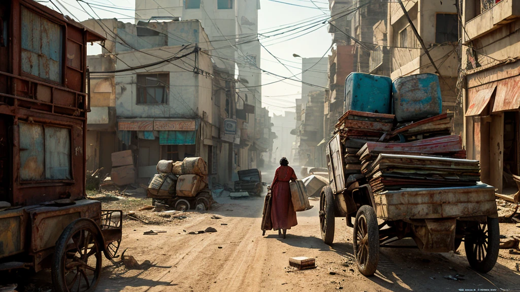 photorealistic image of a poor lady riding a three wheel old cart with a heavy load of abandoned rusty refrigerator, broken washing machine, old model broken computers and broken monitors all stacked up creating a heavy load, she has a small ??? on her back amongst the load she drags.