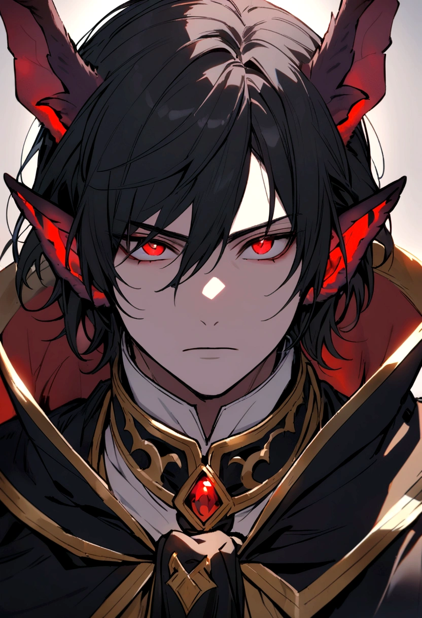 The man has black hair, gray and red eyes, has red dragon ears, wears a white shirt and wears a black tie Edged with a gold colored robe, wears a black robe.