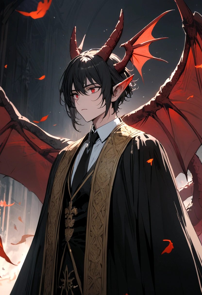 The man has black hair, gray and red eyes, has red dragon ears, wears a white shirt and wears a black tie Edged with a gold colored robe, wears a black robe. 