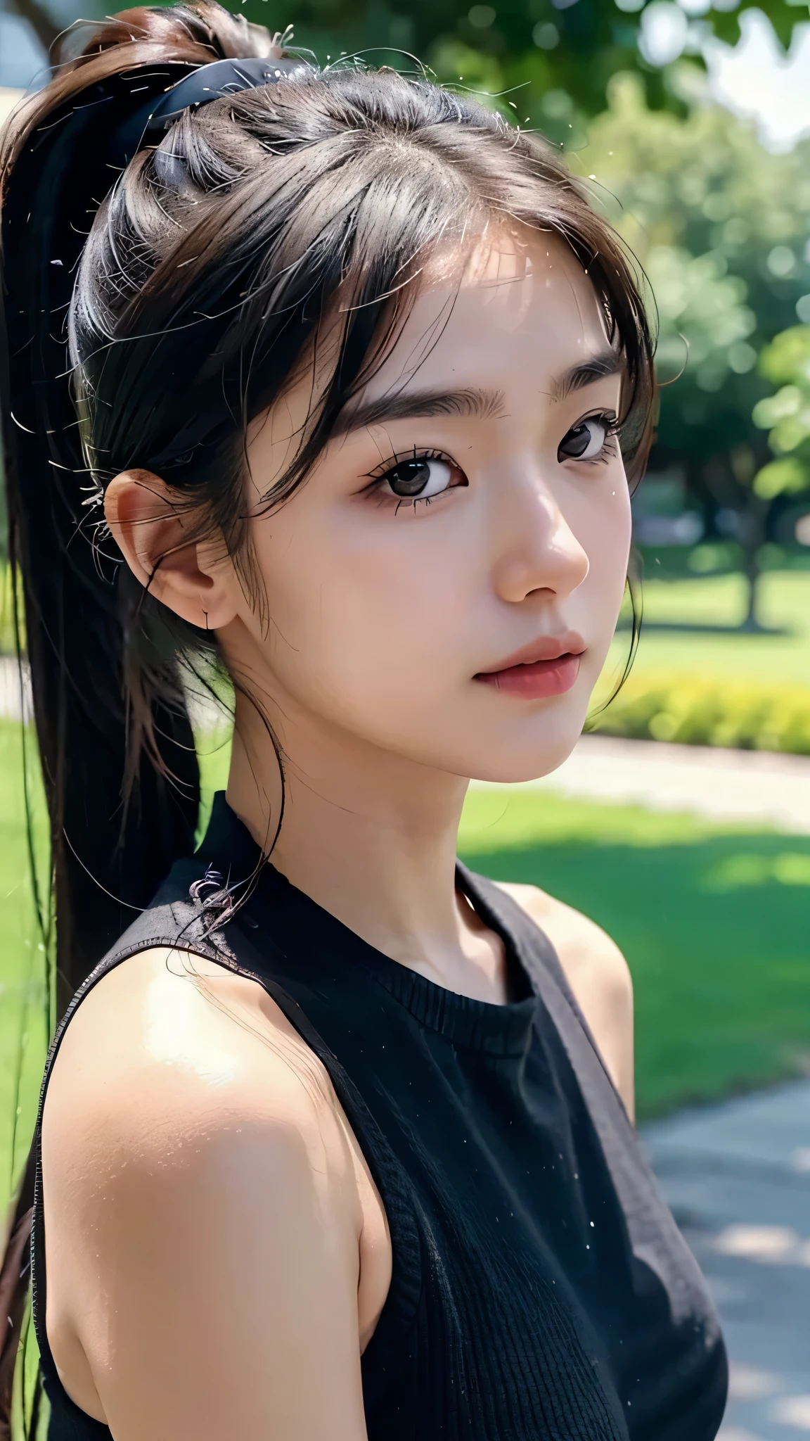 dress,outdoors,Urban Park,On the lawn,One woman,close up face,fully body photo,masutepiece, The highest image quality, High quality, the background is clear,Beautiful woman, Japanese, Detailed, Ultra-detailed, finely detail, hight resolution, 8K Wallpaper, Perfect dynamic composition, Beautiful detailed eyes ,Detailed eyes, Detailed skin, Beautiful skin, 超hight resolution, (reality: 1.4),Very beautiful woman, Slightly younger face, Beautiful skin, slender, (Ultra photo realsisim), (hight resolution), (8K), (Very detailed) (beautifully detailed eyes), (super detailed), (Detailed face), view the viewer, Fine details, Detailed face, Staring straight ahead, Staring straight ahead, photos realistic, Bright lighting, Professional Lighting, Black hair,poneyTail,a baby face,sixteen years old,Hairstyle: ponytail,Long ponytail hairstyle,slight smile,