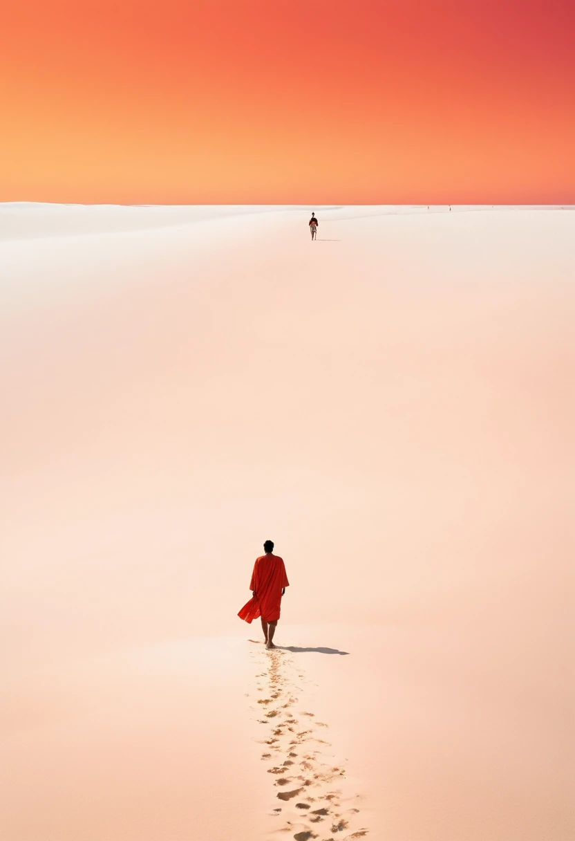 Minimalist vast white sand beach with a gradient of orange and red in the sky, a person walking on it, in the style of David Bur