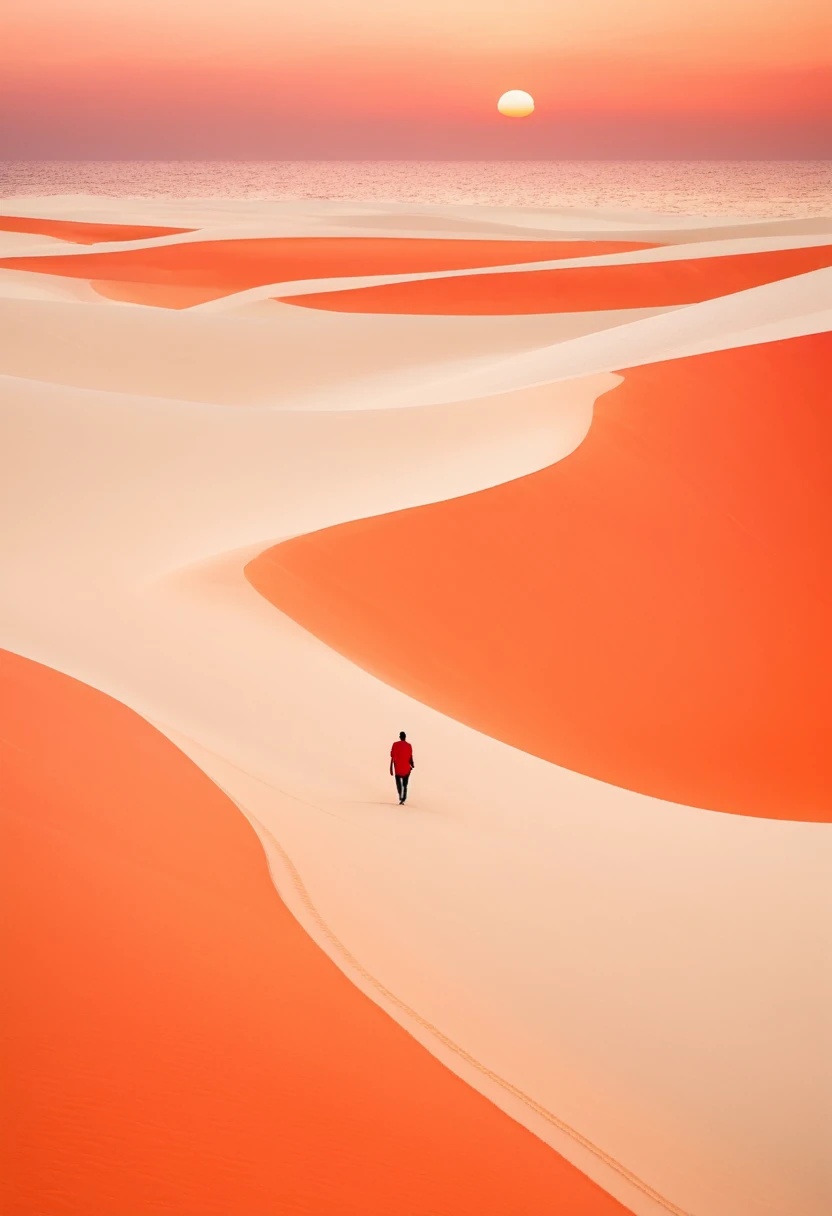 Minimalist vast white sand beach with a gradient of orange and red in the sky, a person walking on it, in the style of David Bur