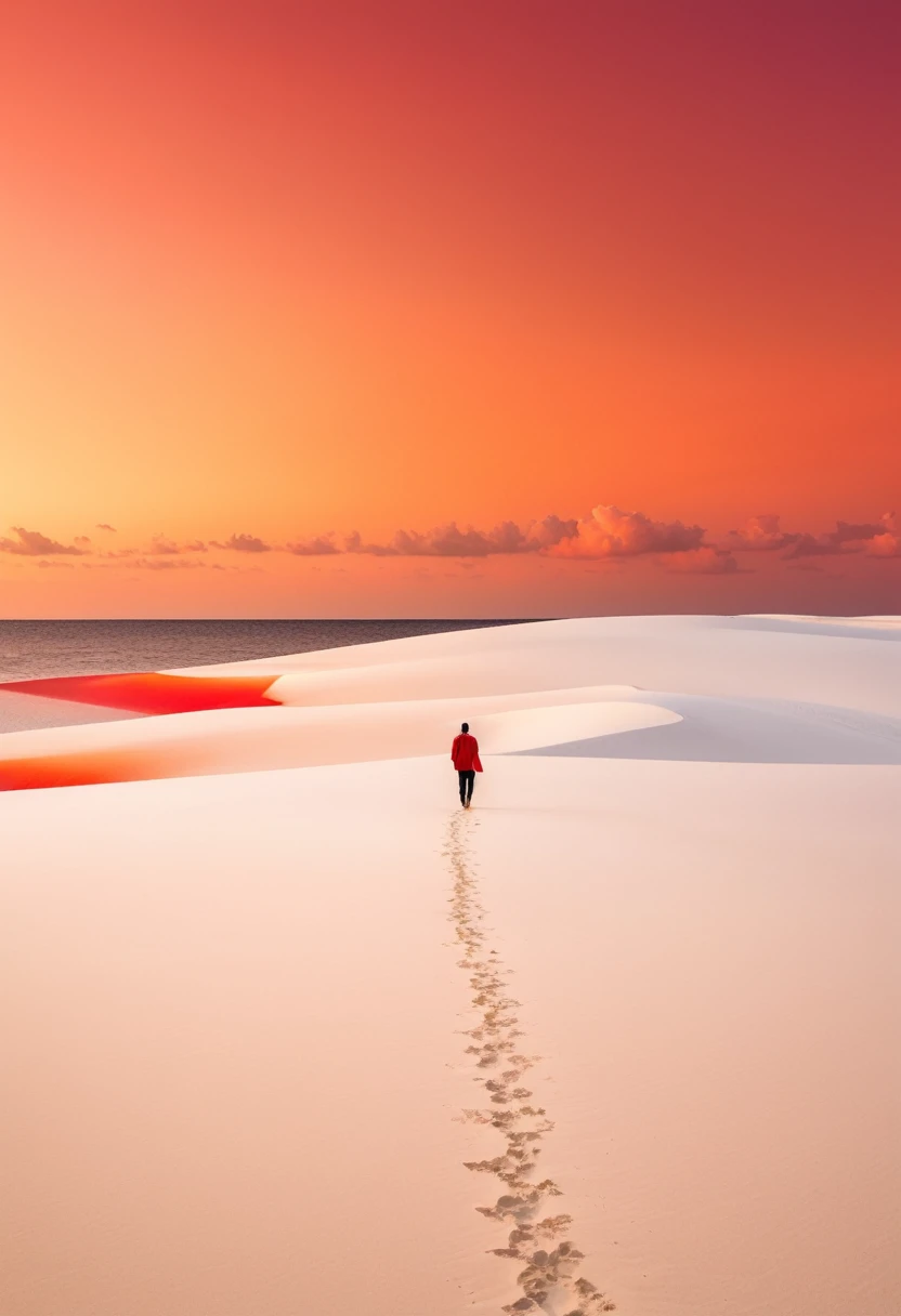Minimalist vast white sand beach with a gradient of orange and red in the sky, a person walking on it, in the style of David Bur