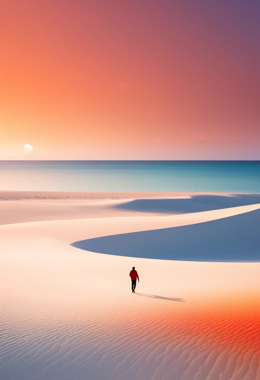 Minimalist vast white sand beach with a gradient of orange and red in the sky, a person walking on it, in the style of David Bur