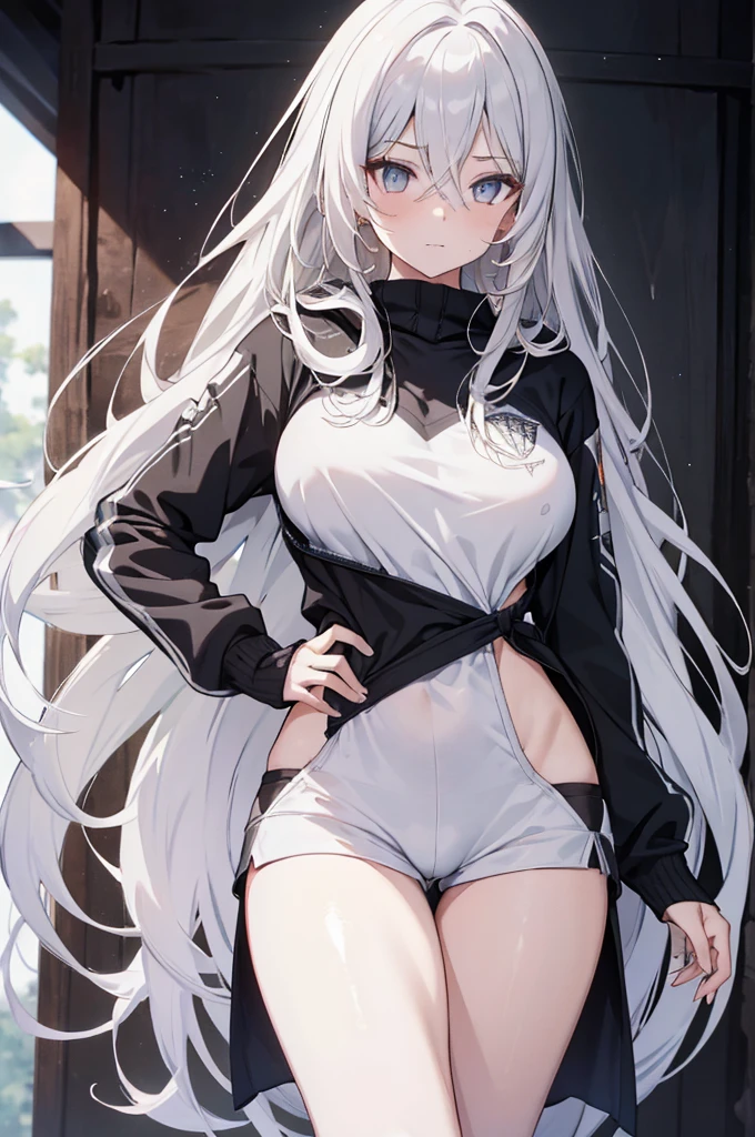 1girl, {Solitary}, Upper Body ,{{ {Watching at viewer}}}, Arms at your sides, Concept Art, white Background, simple Background, White hair, Silver gradient hair , Composite cloth, Asymmetrical clothes, Virtual YouTuber, best quality, masterpiece, Dynamic Angle, , cowboy_shooting, Watching_Back, grab, girl,Miss,woman, young,20 years old, Very long hair, Hair Flip, Silver Hair, Flowing hair, Ahog, giggle, Beautiful and delicate golden eyes, teeth, Large Breasts, Blonde eyes, White skin, hoodie, Black_shorts, Gray clothes, transparent_Background, Backlighting, absurd, high resolution, Extremely detailed,sweater,No pants