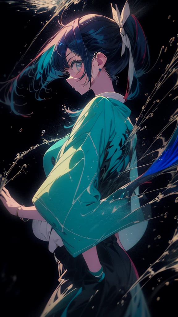 Blue-haired side ponytail,Design clothing,Seven-doppelganger shot,Anime style 4K,Anime girl with teal hair,High quality anime art style,Standing painting,Splash ink background,Blue Themes。