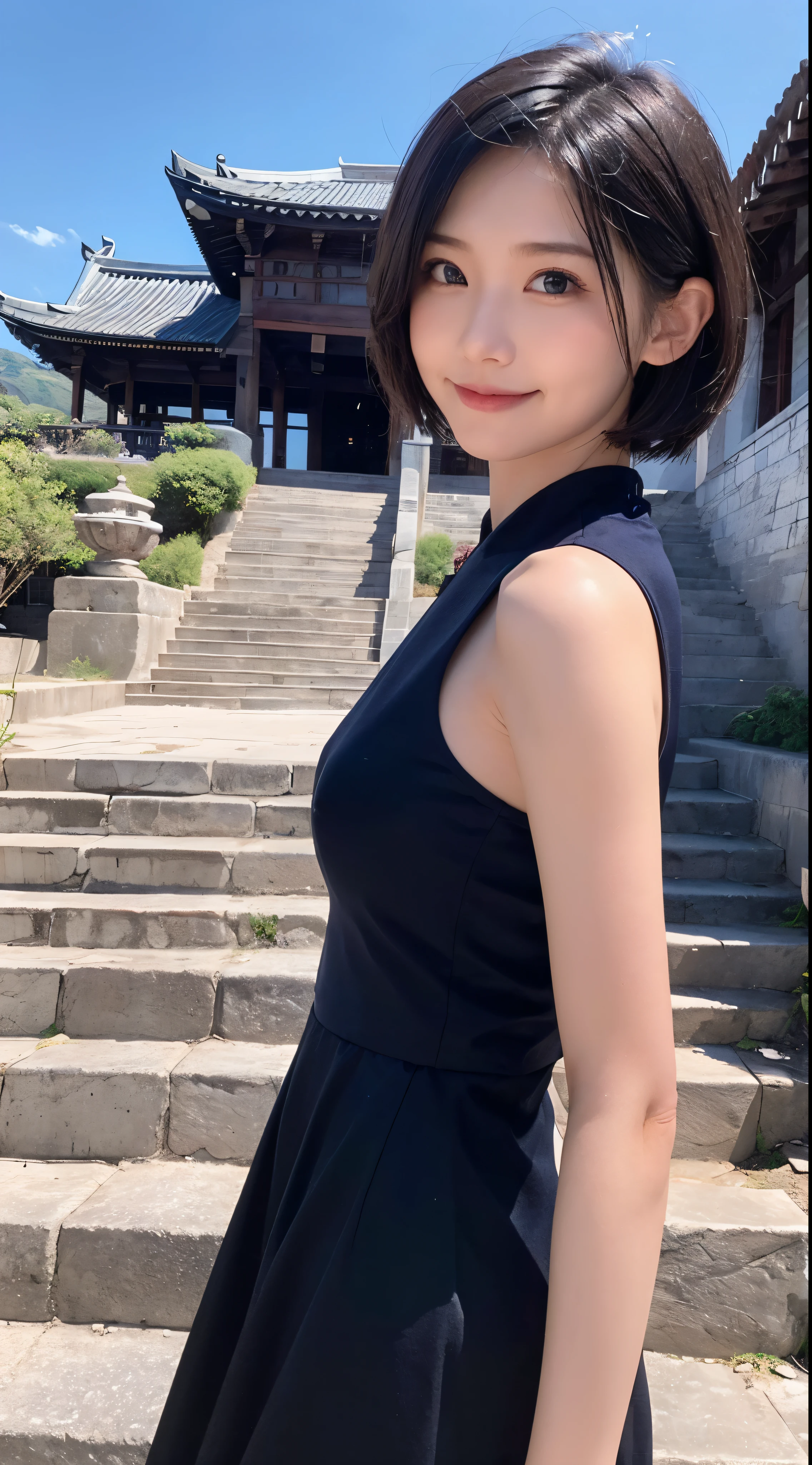 keqingdef, upper body, smile, blush, outdoors, day, simple background, blue sky, short hair, sky, temple, looking at viewer, stairs, mountain, moody lighting, facing viewer,