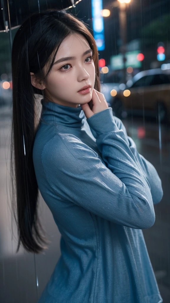 ((best qualtiy, tmasterpiece:1.3)), Focus:1.2, Middle-aged beauty:1.4, Very plump body 1.2, Rounded face, (wetclothes:1.1), (Rain, Street:1.3), Blue turtleneck top, denim pant:1.1, Highly detailed facial and skin texture, A detailed eye, double eyelid, Whiten skin, messy hair, Blushlush, profesional lighting, portrait, photon maping, Radio City, physically-based renderingt, glomy, saddened, alone, The crowd noisy, The side face does not look at the camera, Melancholic atmosphere, Close your eyes and pray, 8K