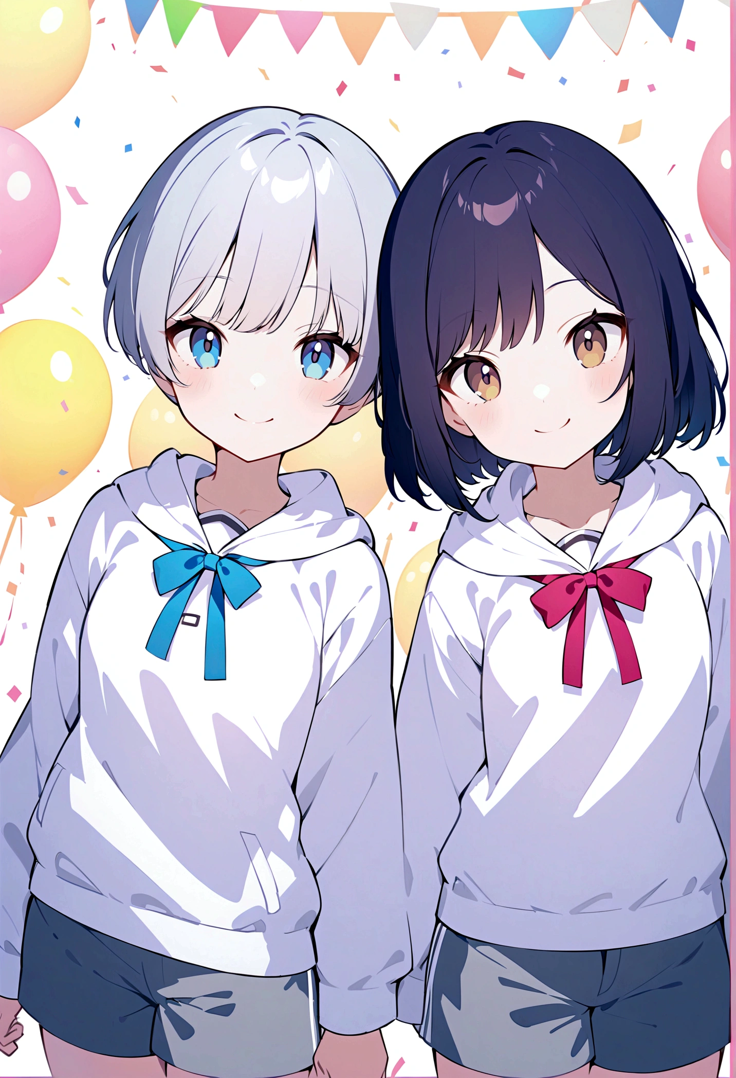 Girl,Silver Bob,blue eyes,birthday,whole body,White hoodie,Grey shorts,smile,older sister,Long black hair brown eyes,uniform,2 people