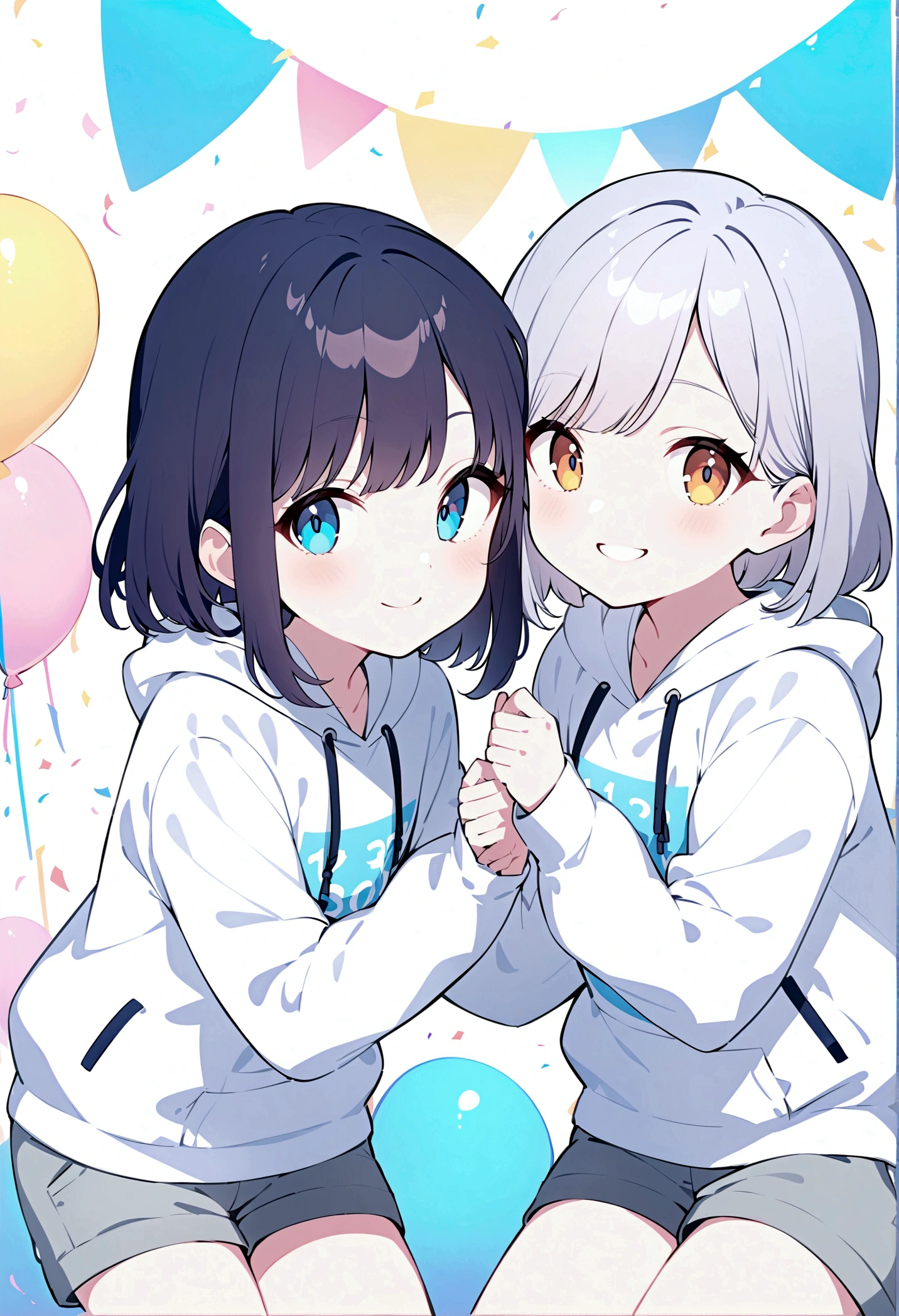 Girl,Silver Bob,blue eyes,birthday,whole body,White hoodie,Grey shorts,smile,older sister,Long black hair brown eyes,uniform,2 people