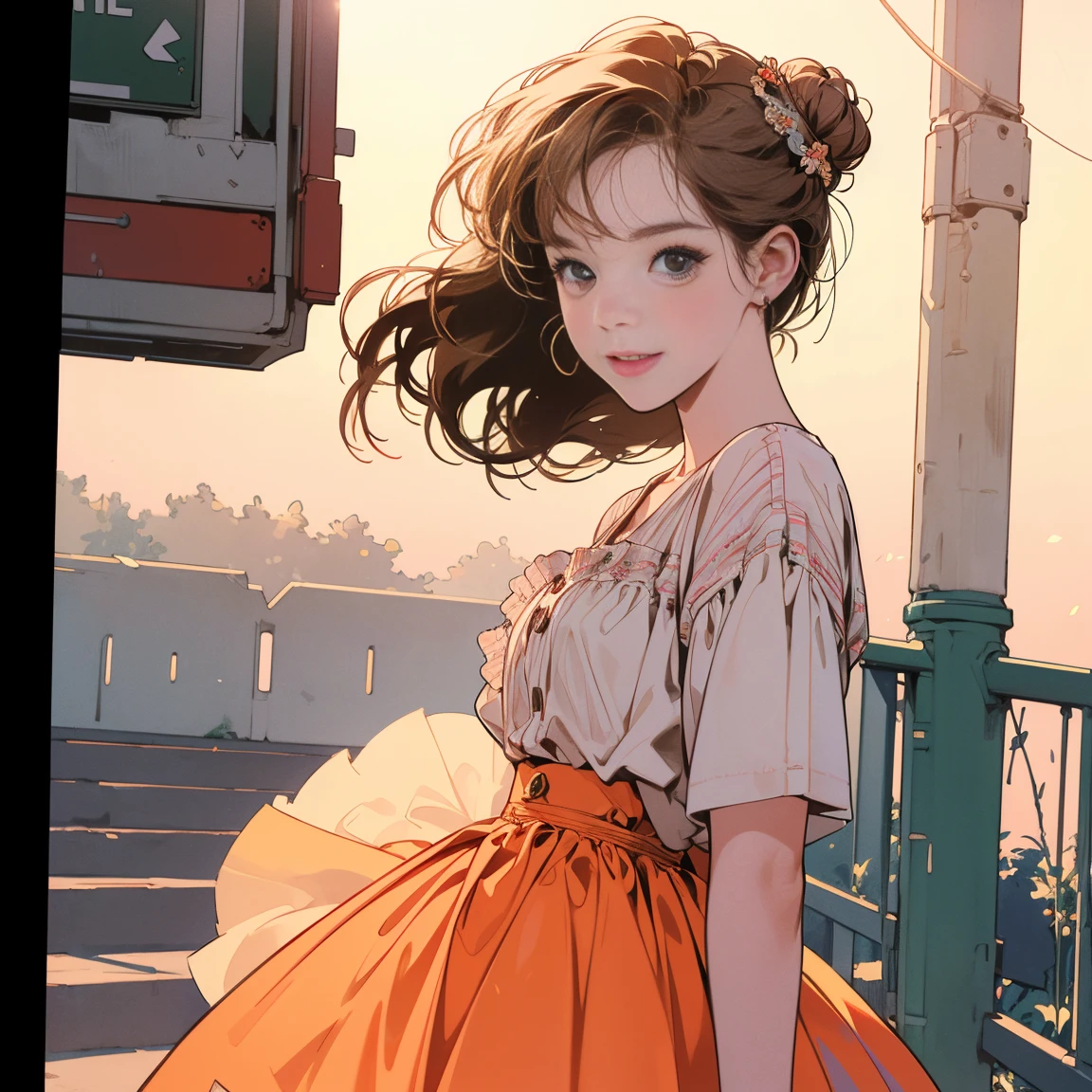 A beautiful woman, face detailed, detailed hair, smiling, Light brown bun hair, warm expression, 1womanl, whole body, blouse, overskirt, crosswalk, intersection, complex background, subtle lighting, motion-blur, (best qualityer,4K,8K,high resolution,work of art:1.2),ultra detali,(realisitic,photorealisitic,photo-realisitic:1.37),standard