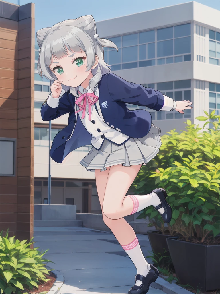 Outdoor,((School building)),1girl,Green Eyes, Grey Hair, hair ornaments, bangs, Virtual YouTuber, blunt bangs, Double Bang, Animal ears, Flat Chest,uniform,Navy Blue Blazer,White shirt,Pink ribbon,Grey Skirt,Pink Panties,White long socks,Black low heels, :3,1boy,Put your face in the skirt