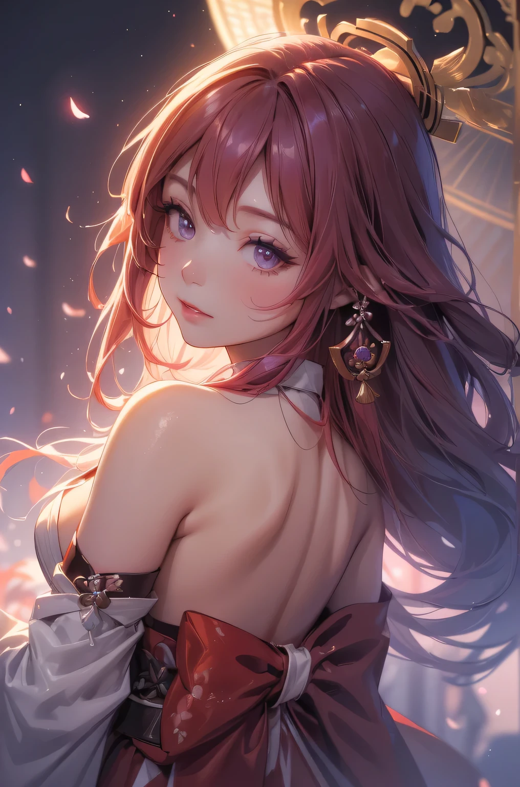 ((yaemikodef)):1.5, ((masterpiece,Highest quality,Highly detailed images,Beautiful images、Dutch Angle)), (In front of the cherry tree、Close-up image of yaemiko、Overall dim lighting、Backlight、Strong backlighting、Fantastic dark atmosphere、Thick Fog、Dust flutters),(Dynamic pose)1.2, sideboob