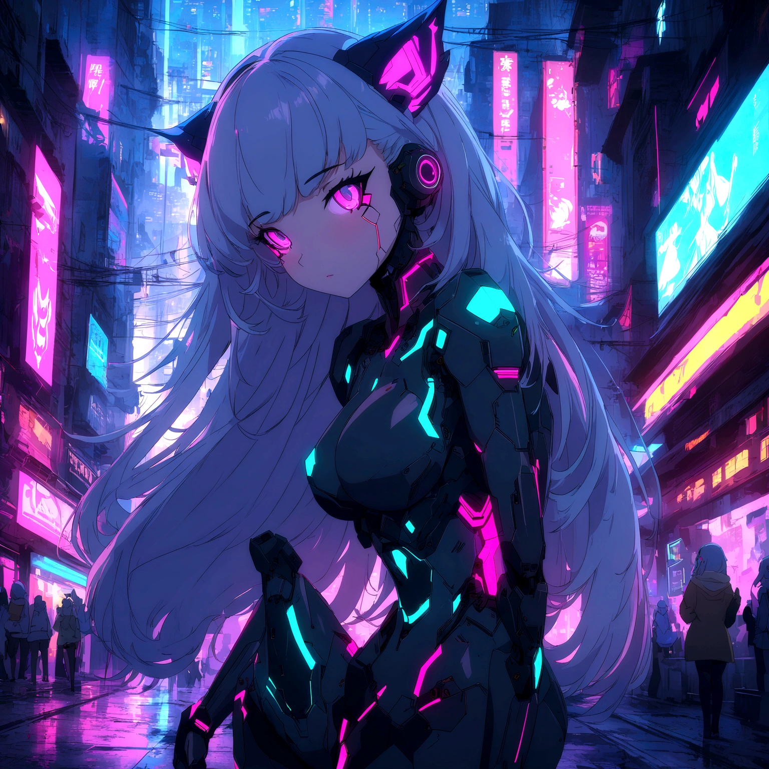 Anime girl with long hair and cat ears in town, digital cyberpunk anime art, anime girl cyberpunk mech, female anime girl cyberpunk, anime girl cyberpunk, anime cyberpunk art, cute cyborg girl, digital cyberpunk - anime art, cyberpunk anime art, cyberpunk tits, anime style 4k, perfect android girl, beautiful girl in cyberpunk, beautiful cyborg girl