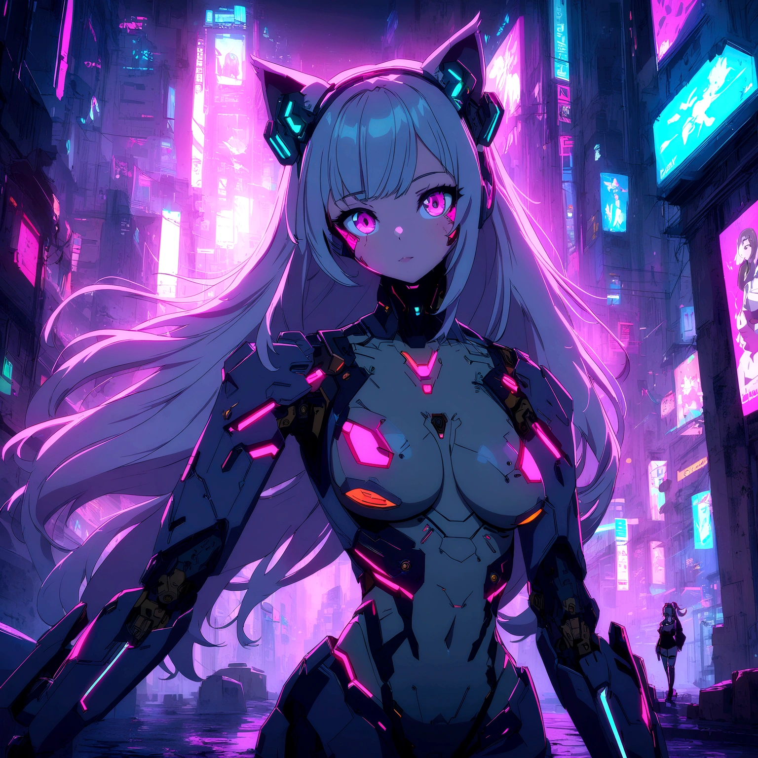 Anime girl with long hair and cat ears in town, digital cyberpunk anime art, anime girl cyberpunk mech, female anime girl cyberpunk, anime girl cyberpunk, anime cyberpunk art, cute cyborg girl, digital cyberpunk - anime art, cyberpunk anime art, cyberpunk tits, anime style 4k, perfect android girl, beautiful girl in cyberpunk, beautiful cyborg girl
