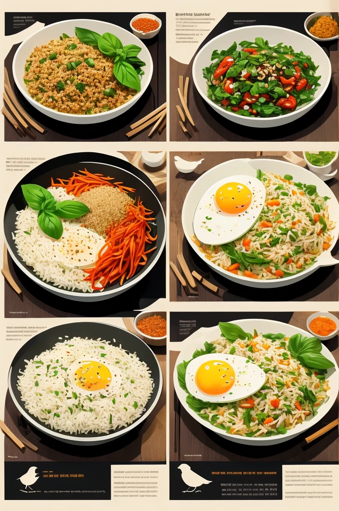 Infographics, simple illustrations Woodcut style
Stir-fried rice with basil, minced pork and fried egg
1. Prepare the ingredients: garlic, bird's eye chilli, basil leaves and steamed rice.