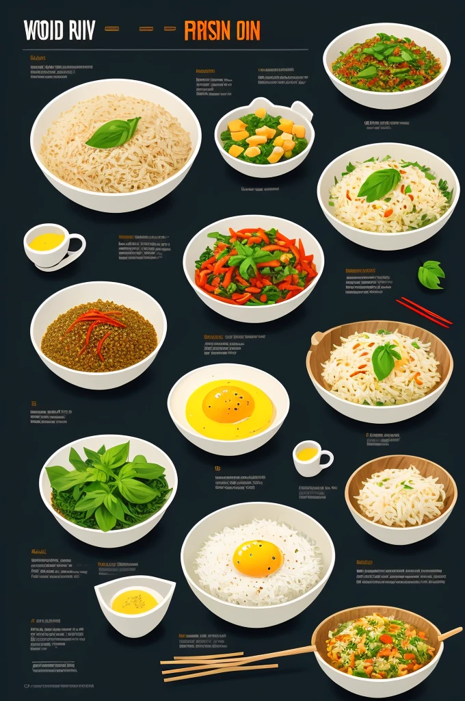 Infographics, simple illustrations Woodcut style
Stir-fried rice with basil, minced pork and fried egg
1. Prepare the ingredients: garlic, bird's eye chilli, basil leaves and steamed rice.