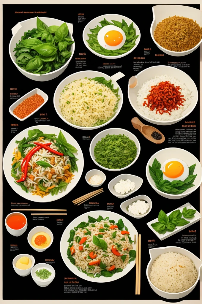 Infographics, simple illustrations Woodcut style
Stir-fried rice with basil, minced pork and fried egg
1. Prepare the ingredients: garlic, bird's eye chilli, basil leaves and steamed rice.