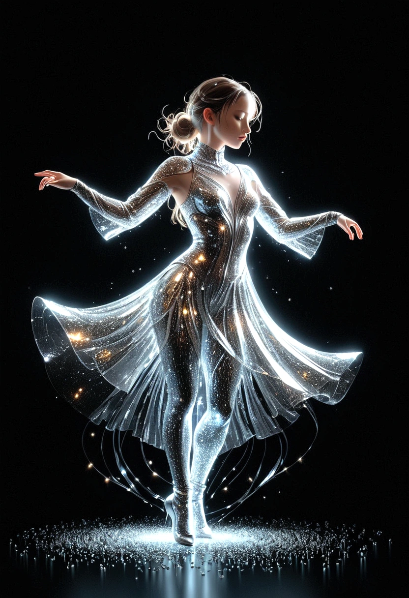 Dynamic representation,  dance girl with Dynamic pose in three-dimensional light style of glassy translucence outfit , part of the outfit is Decomposing into light particles and flowing to the top,black background, powerful dynamic composition， v-Ray tracing ,c4d render 