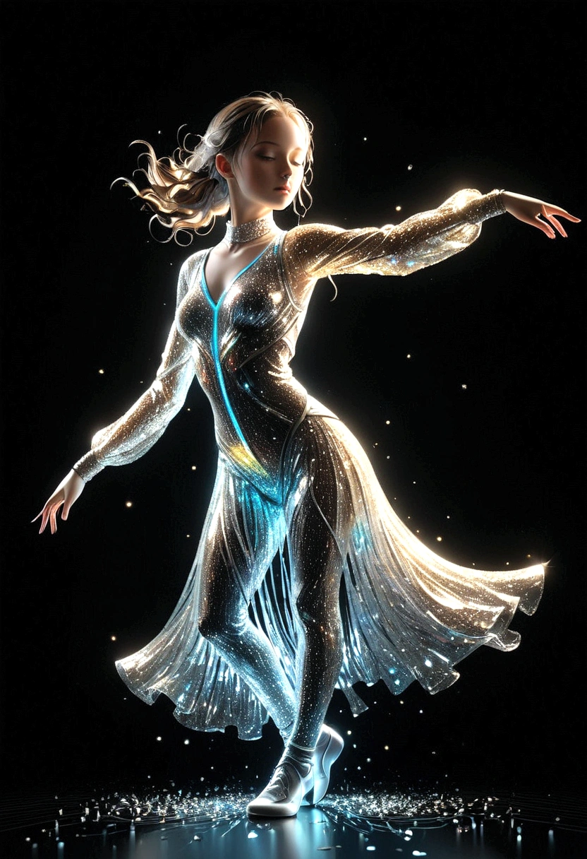 Dynamic representation,  dance girl with Dynamic pose in three-dimensional light style of glassy translucence outfit , part of the outfit is Decomposing into light particles and flowing to the top,black background, powerful dynamic composition， v-Ray tracing ,c4d render 