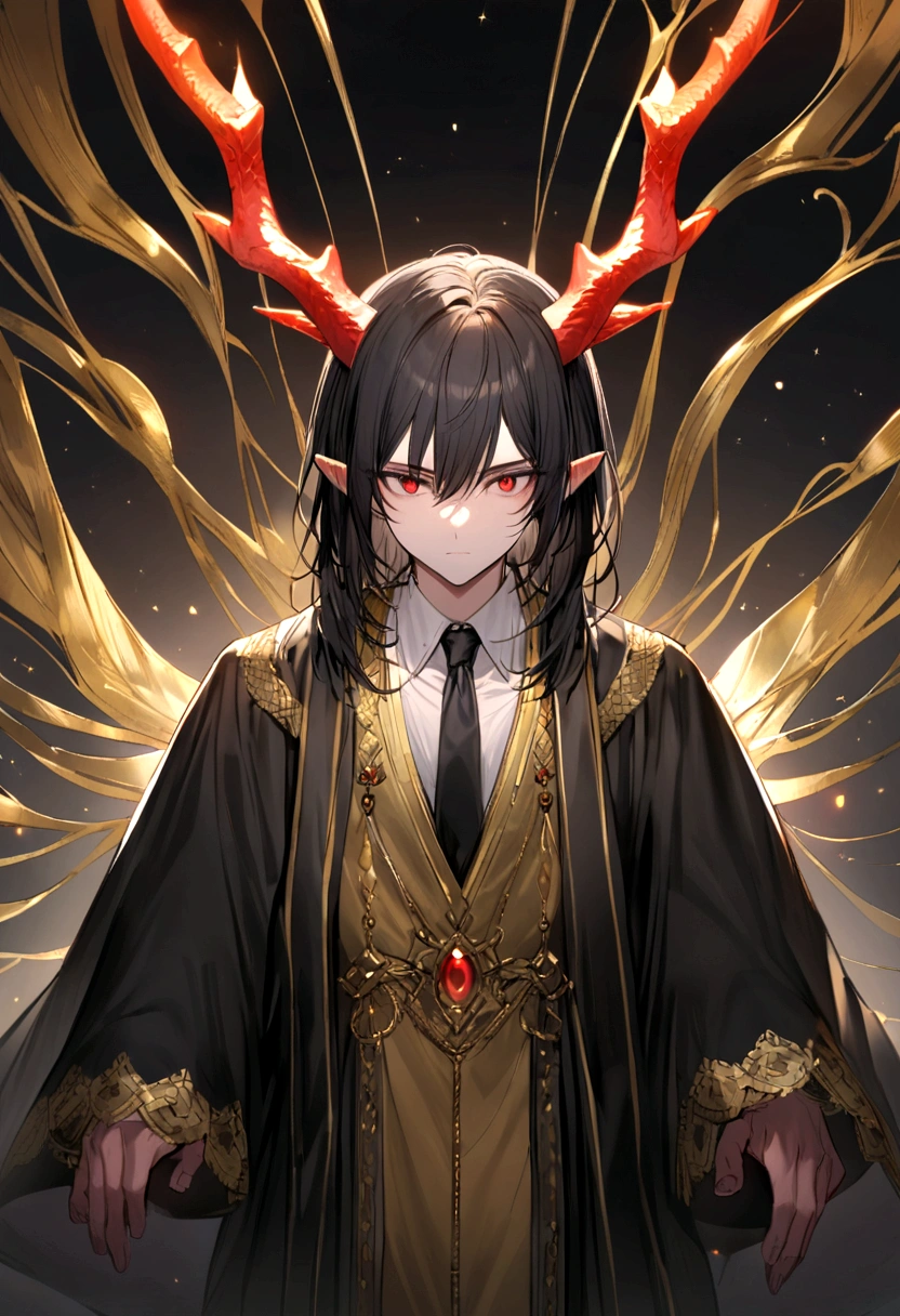 The man has black hair, gray and red eyes, has red dragon ears, wears a white shirt and wears a black tie Edged with a gold colored robe, wears a black robe.Has no horns