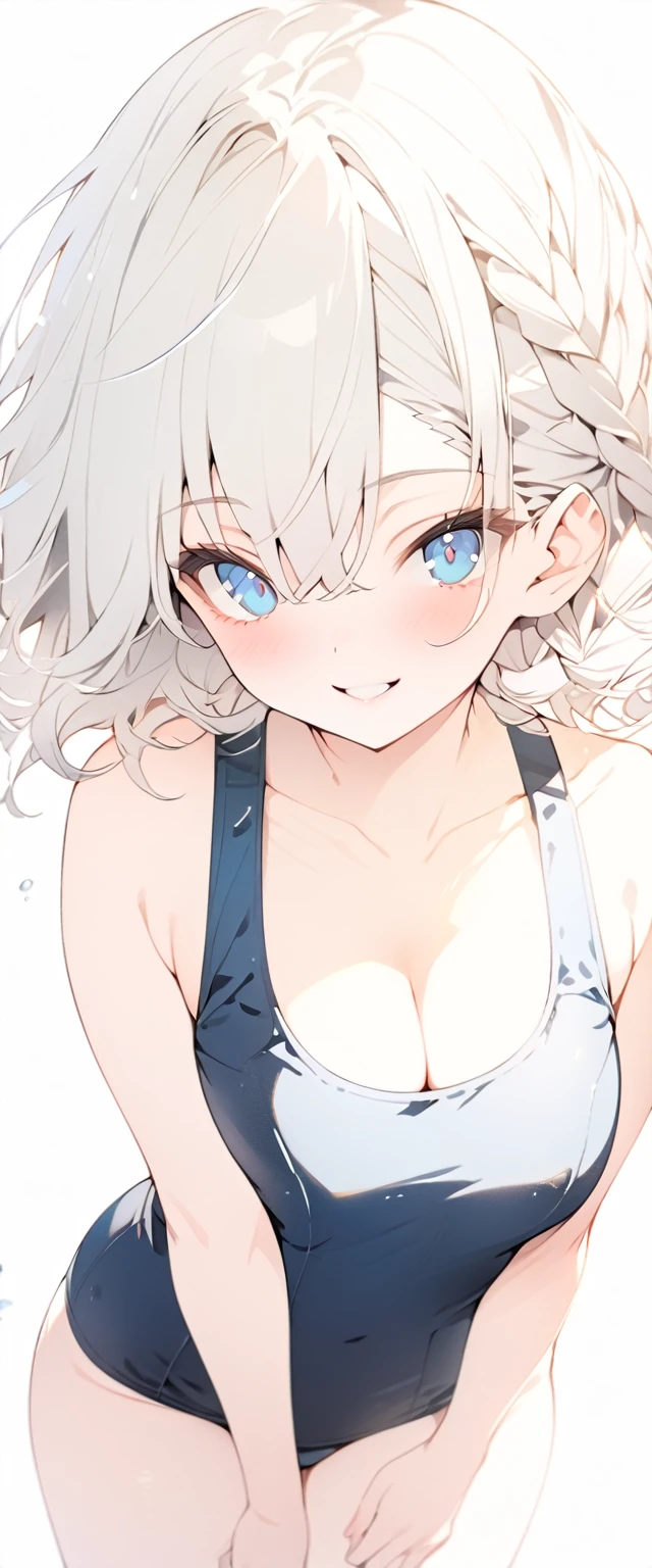 beautiful, masterpiece, Highest quality, anime, One girl,Portrait Shot, View your viewers, Covered、Short Hair、nearby、Blue Eyes、art、White hair,black streaked hair、Thighs、Braid、Bright、smile、Cleavage、 School swimsuit