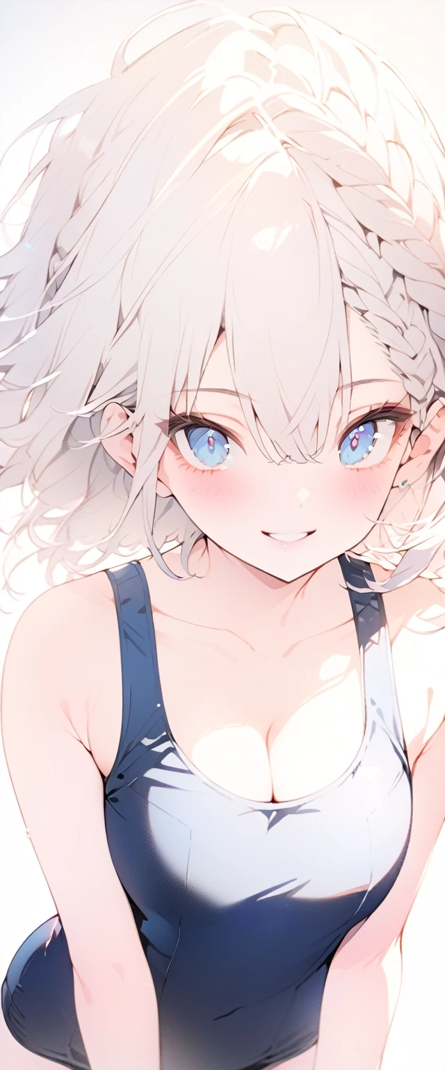 beautiful, masterpiece, Highest quality, anime, One girl,Portrait Shot, View your viewers, Covered、Short Hair、nearby、Blue Eyes、art、White hair,black streaked hair、Thighs、Braid、Bright、smile、Cleavage、 School swimsuit